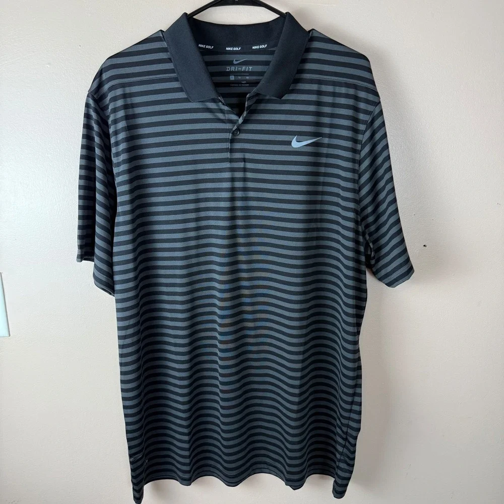 Nike Golf Dri-Fit Men's‎ XL Black Gray Stripe Polo Shirt Performance Golf Shirt